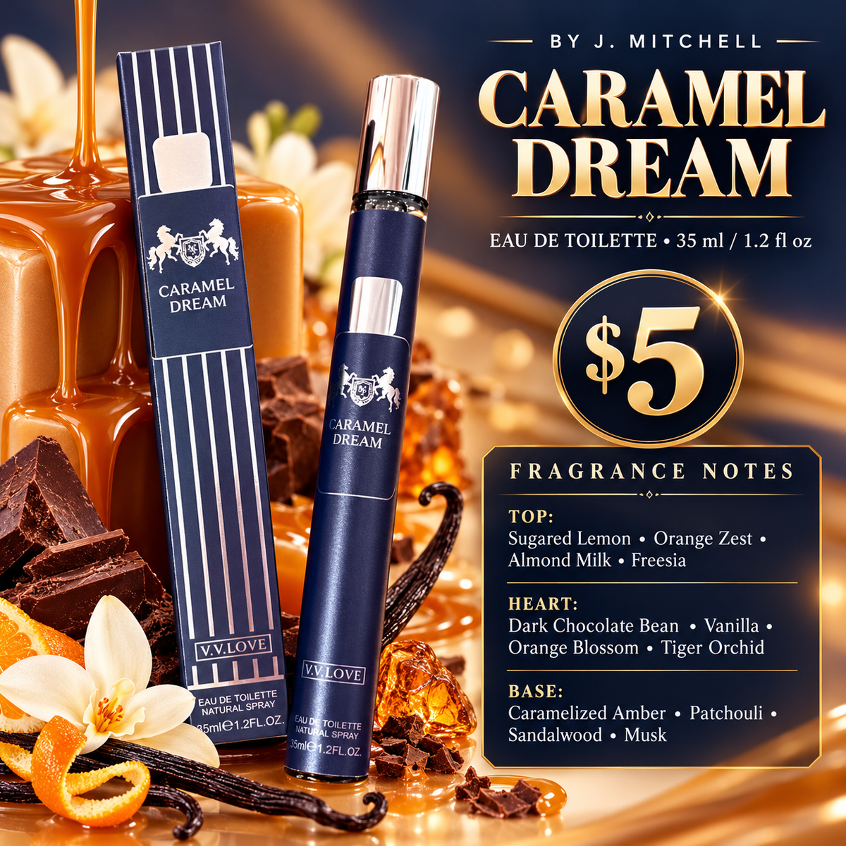 V.V. LOVE Caramel Dream Eau de Toilette 35 ml travel spray with fragrance notes and $5 price