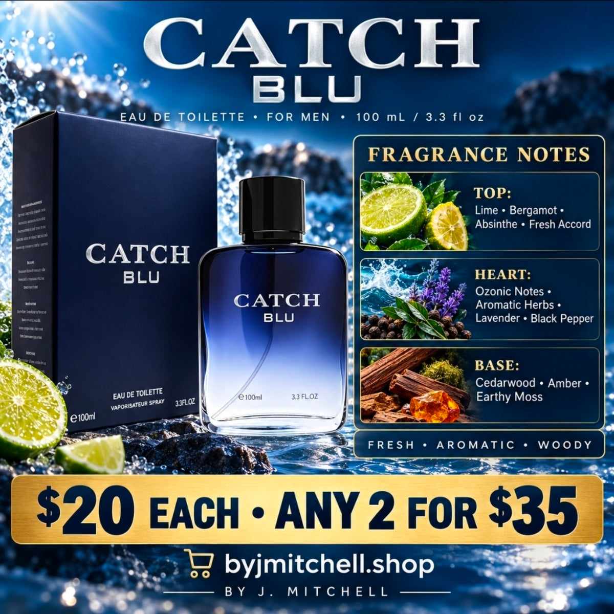 Catch Blu Eau de Toilette for Men fragrance notes, $20 each or any 2 for $35