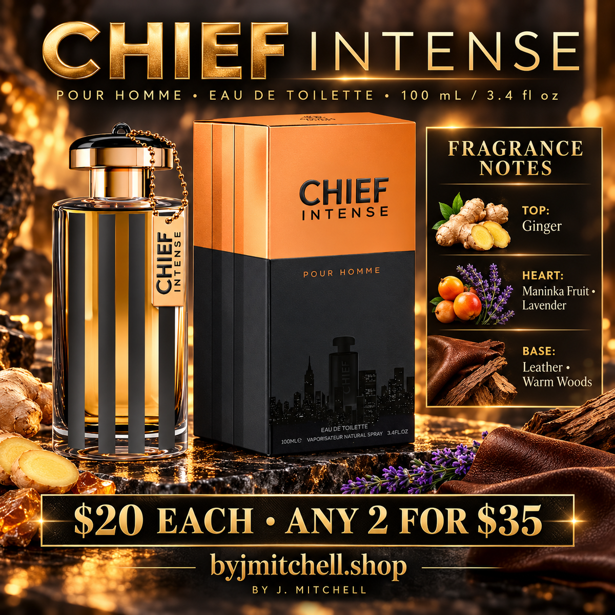 Aroma Couture Chief Intense Pour Homme fragrance notes and $20 each or any 2 for $35