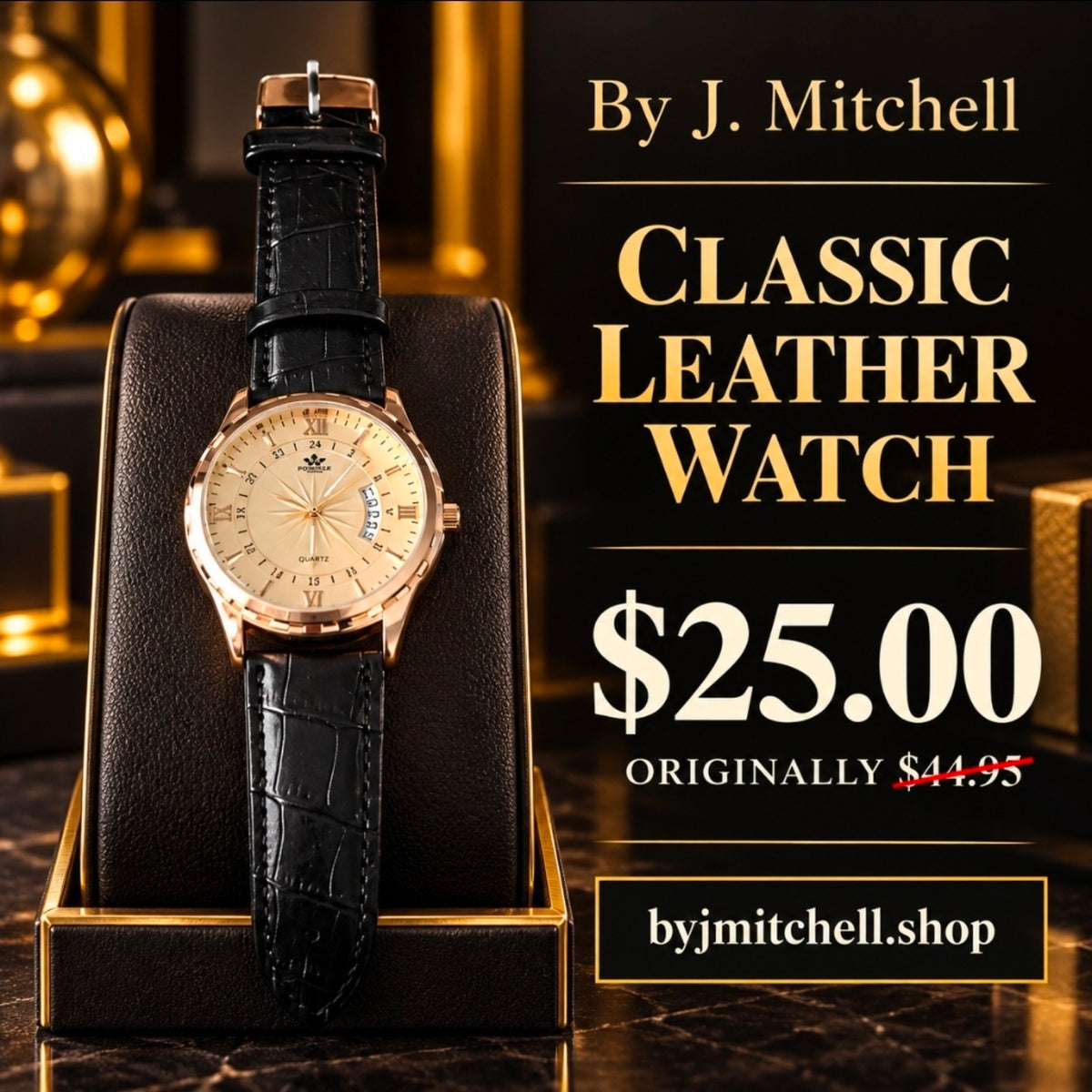 Rose-gold-tone watch with cream dial and black strap — $25, originally $44.95
