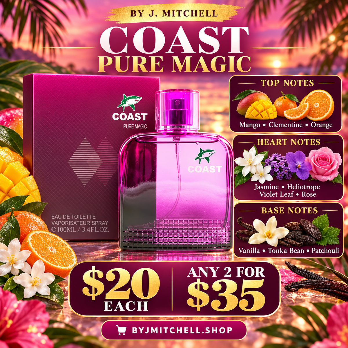 Coast Pure Magic Eau de Toilette with top, heart, and base fragrance notes and $20 or 2 for $35 offer