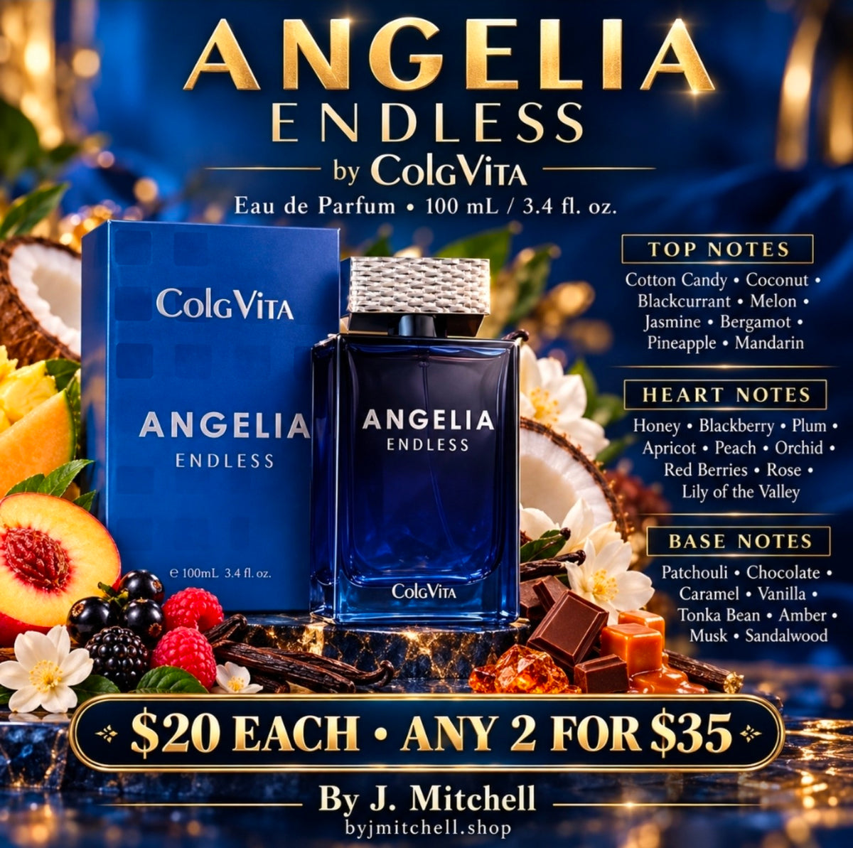 ColgVita Angelia Endless perfume with fragrance notes, $20 each or any 2 for $35, By J. Mitchell