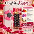 ColgVita Kisses Eau de Parfum 100 ml promotional poster with actual black bottle, fragrance notes, and offer