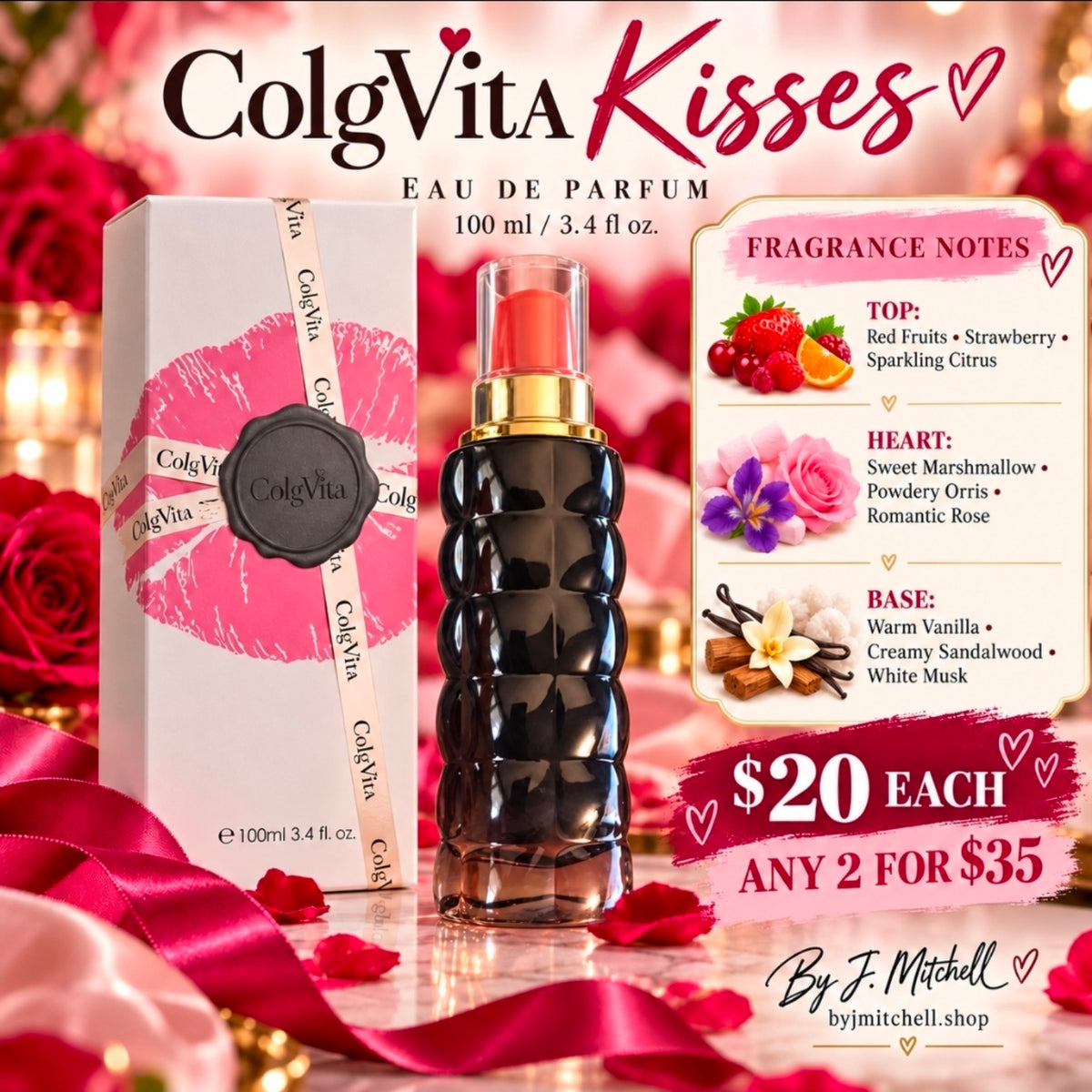 ColgVita Kisses Eau de Parfum 100 ml promotional poster with actual black bottle, fragrance notes, and offer
