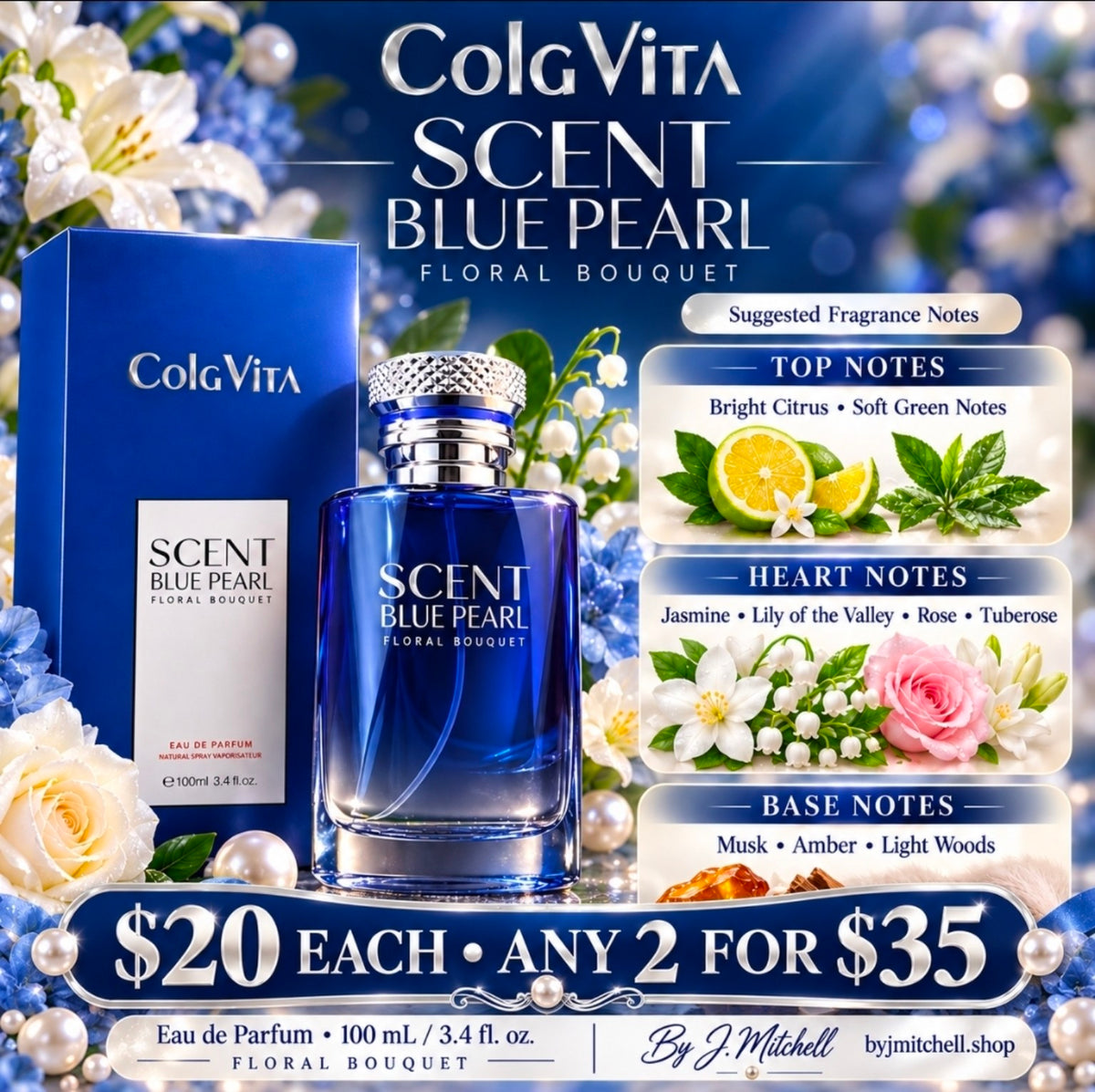 ColgVita Scent Blue Pearl perfume with suggested fragrance notes, $20 each or any 2 for $35, By J. Mitchell