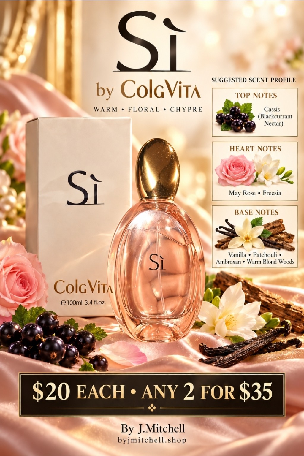 ColgVita Sì 100 mL fragrance with suggested scent profile, $20 each or any 2 for $35, By J.Mitchell