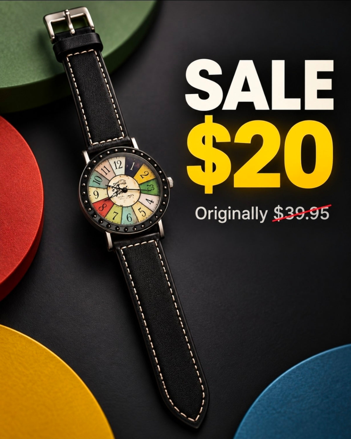 Color wheel dial watch with black stitched leather strap