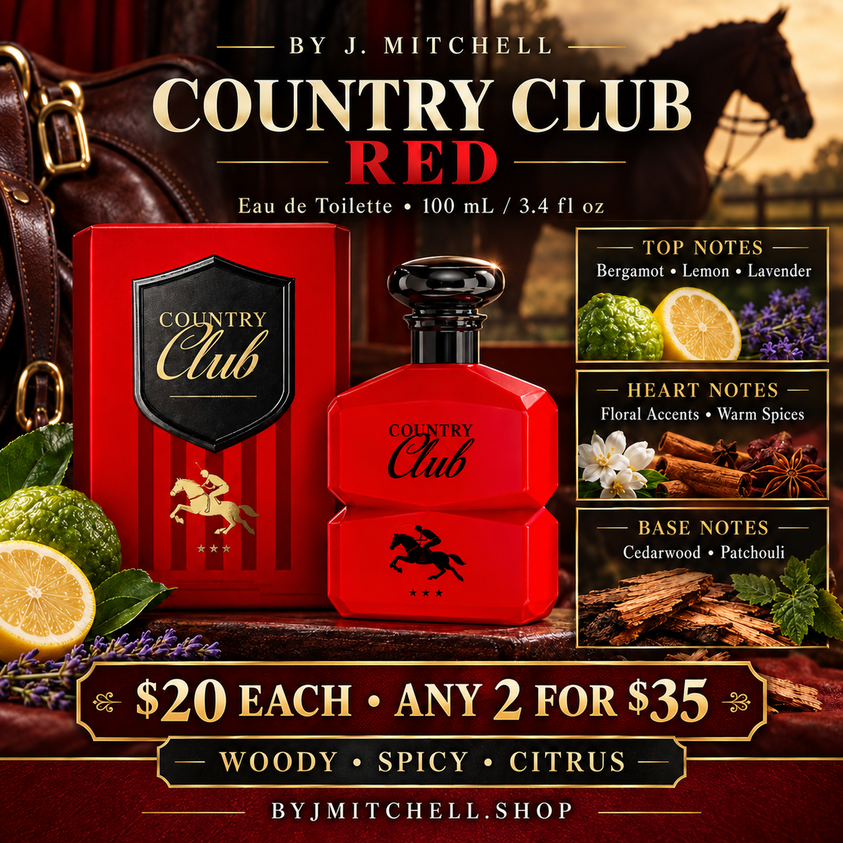 Country Club Red Eau de Toilette by J. Mitchell with fragrance notes and $20 each or any 2 for $35 offer