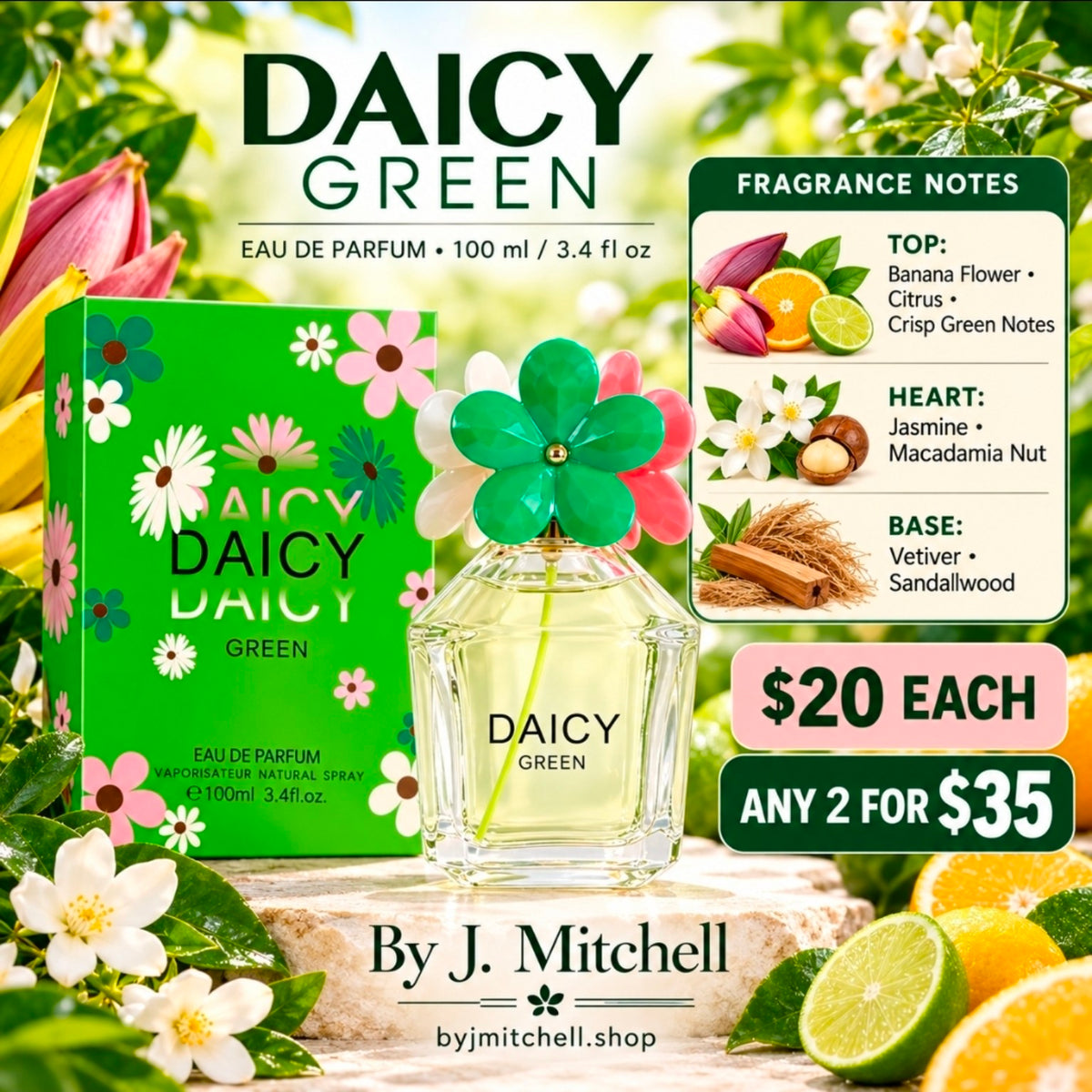 Daicy Green Eau de Parfum 100 ml, fragrance notes and $20 each or any 2 for $35