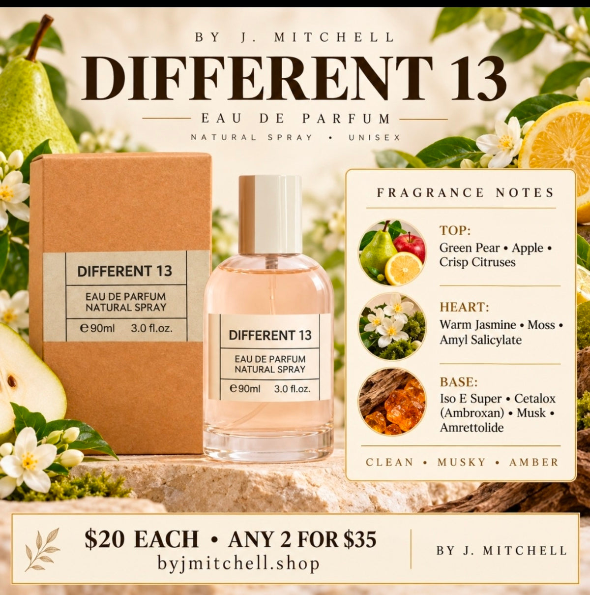 Different 13 Eau de Parfum fragrance notes and product promotion