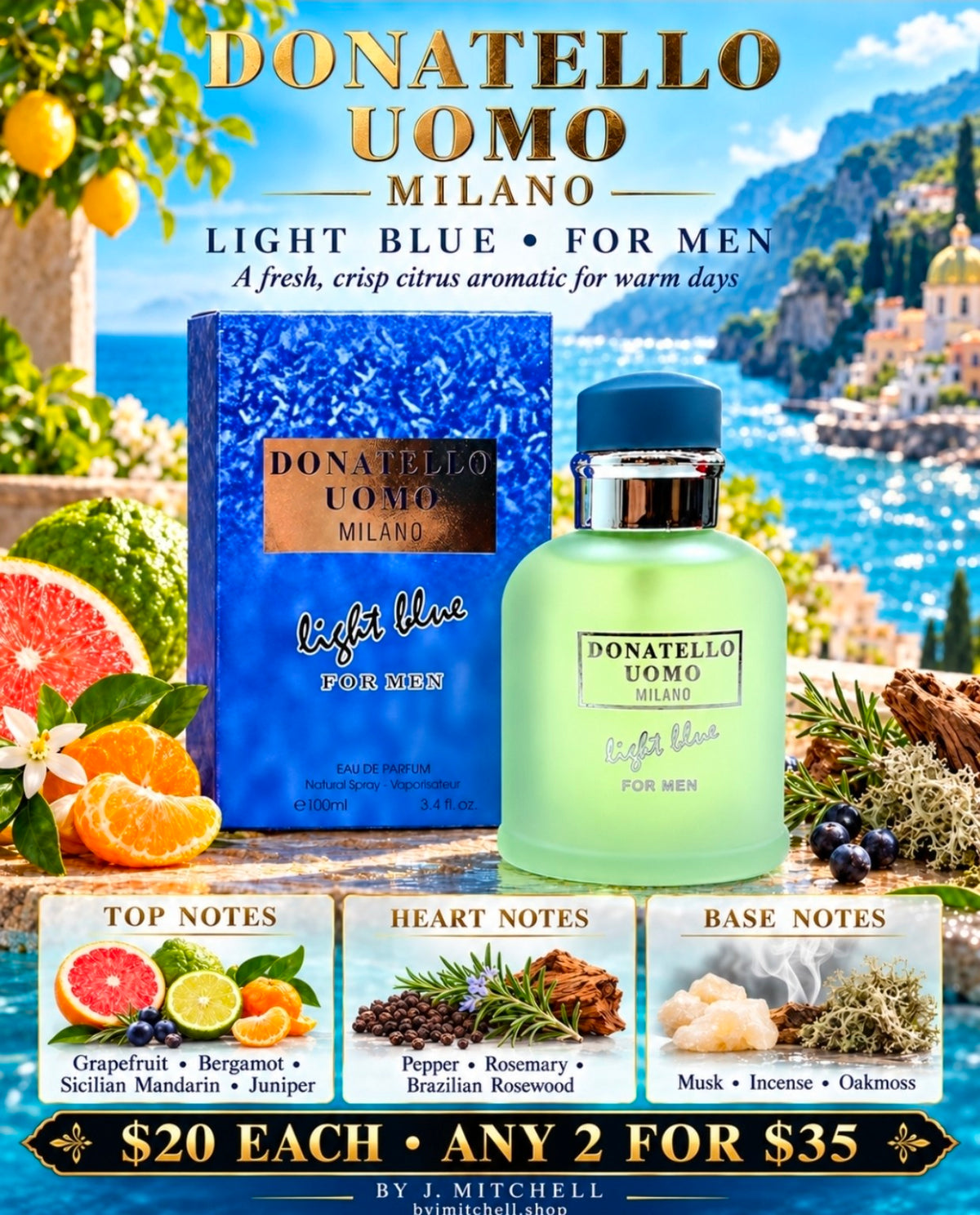 Donatello Uomo Milano Light Blue for Men with fragrance notes, $20 each or any 2 for $35