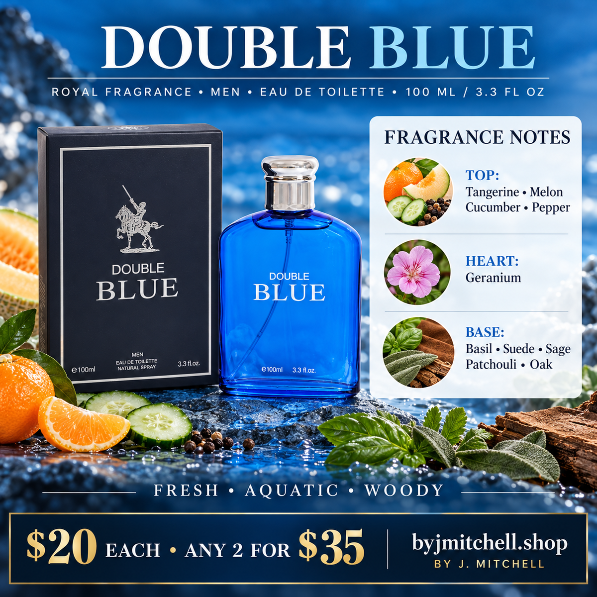 Double Blue Eau de Toilette by Royal Fragrance with fragrance notes and By J. Mitchell offer