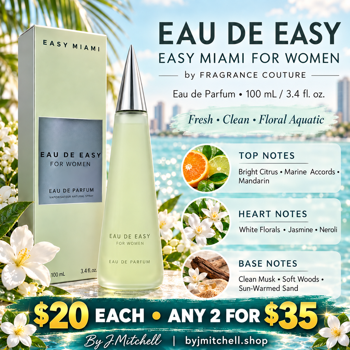 Eau de Easy / Easy Miami fragrance notes with By J.Mitchell branding
