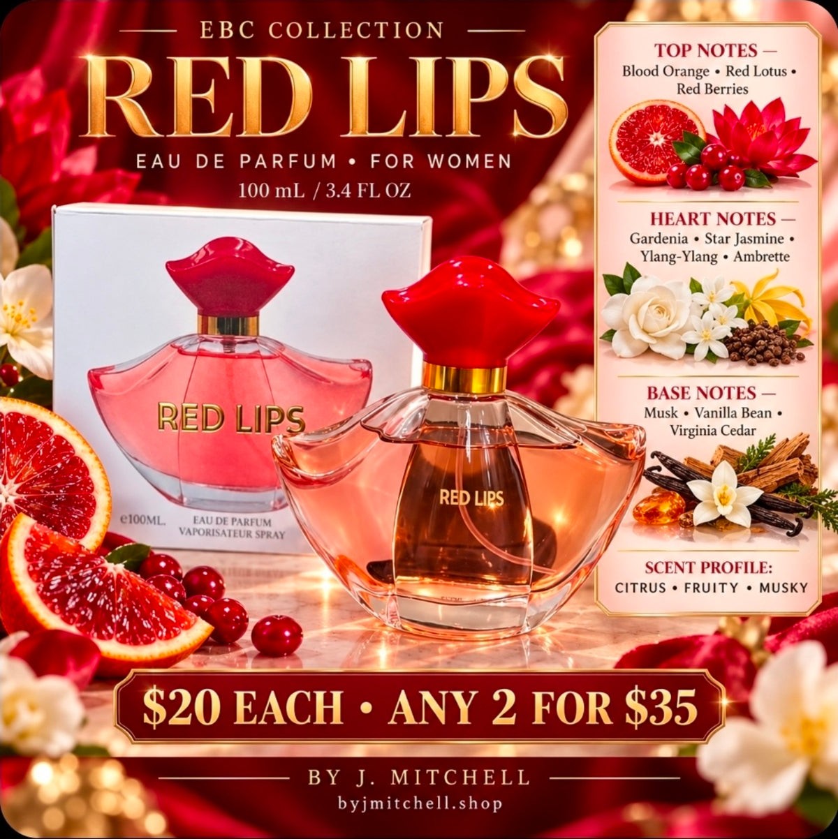 EBC Collection Red Lips Eau de Parfum for Women, 100 mL, with blood orange, floral, musk, vanilla and cedar notes