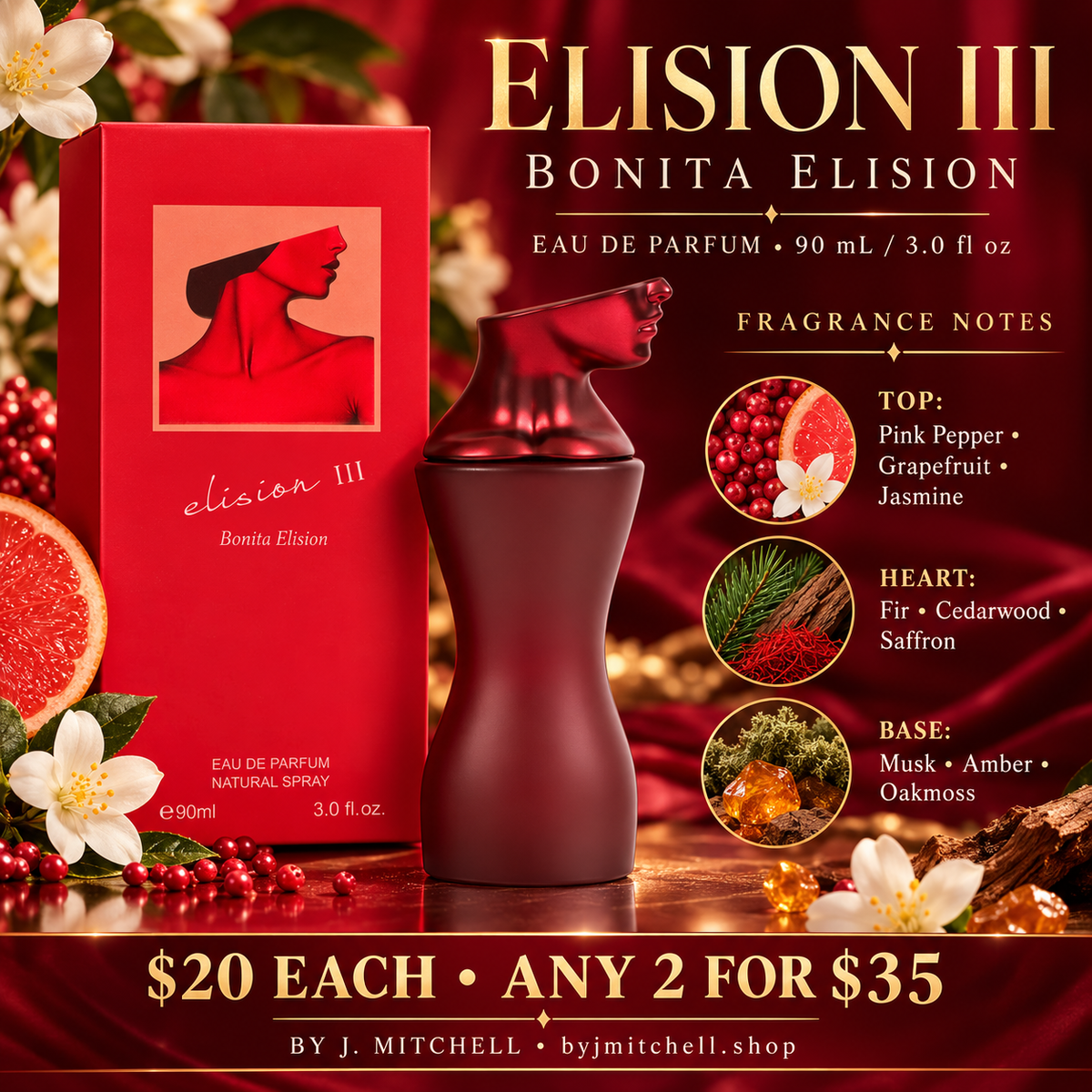 Elision III Bonita Elision EDP with fragrance notes and By J. Mitchell branding