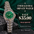 Emerald dial ornate silver bracelet watch