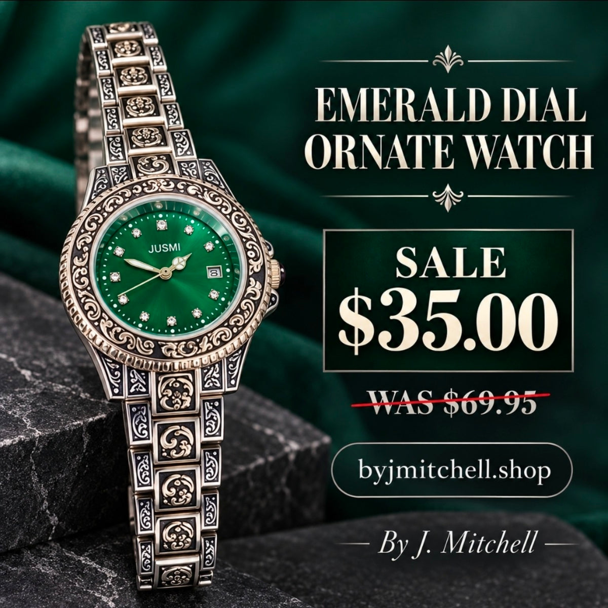 Emerald dial ornate silver bracelet watch
