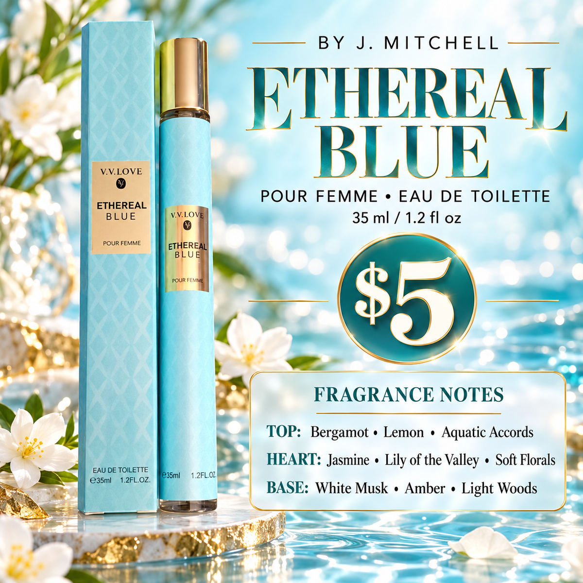 V.V. LOVE Ethereal Blue Pour Femme Eau de Toilette 35 ml travel spray and fragrance notes