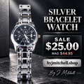 Silver bracelet watch with black dial — By J. Mitchell