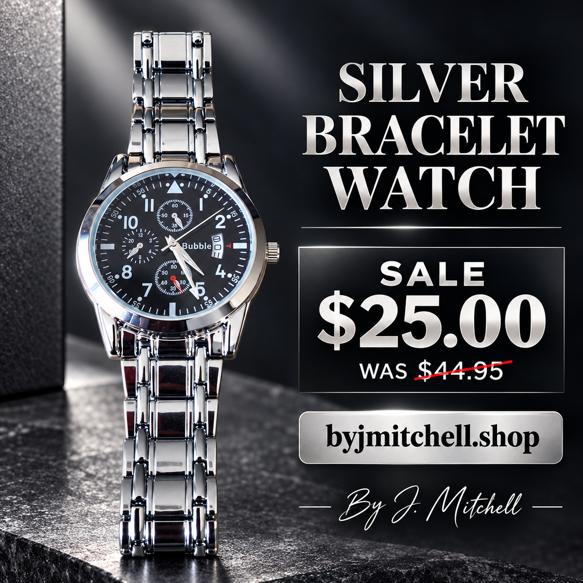Silver bracelet watch with black dial — By J. Mitchell