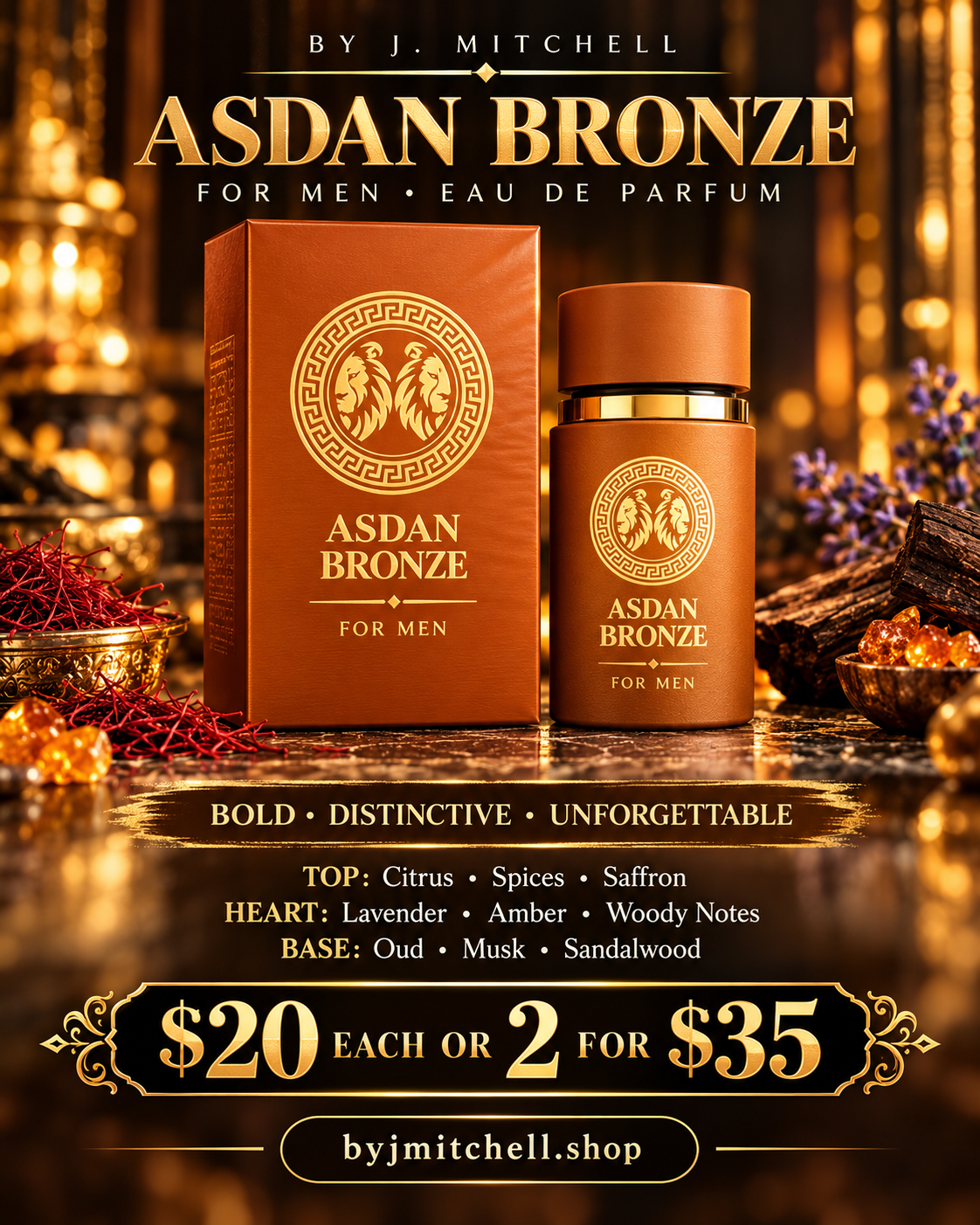 Asdan Bronze for Men by J. Mitchell campaign with citrus, spices, saffron, lavender, amber, woody notes, oud, musk, and sandalwood