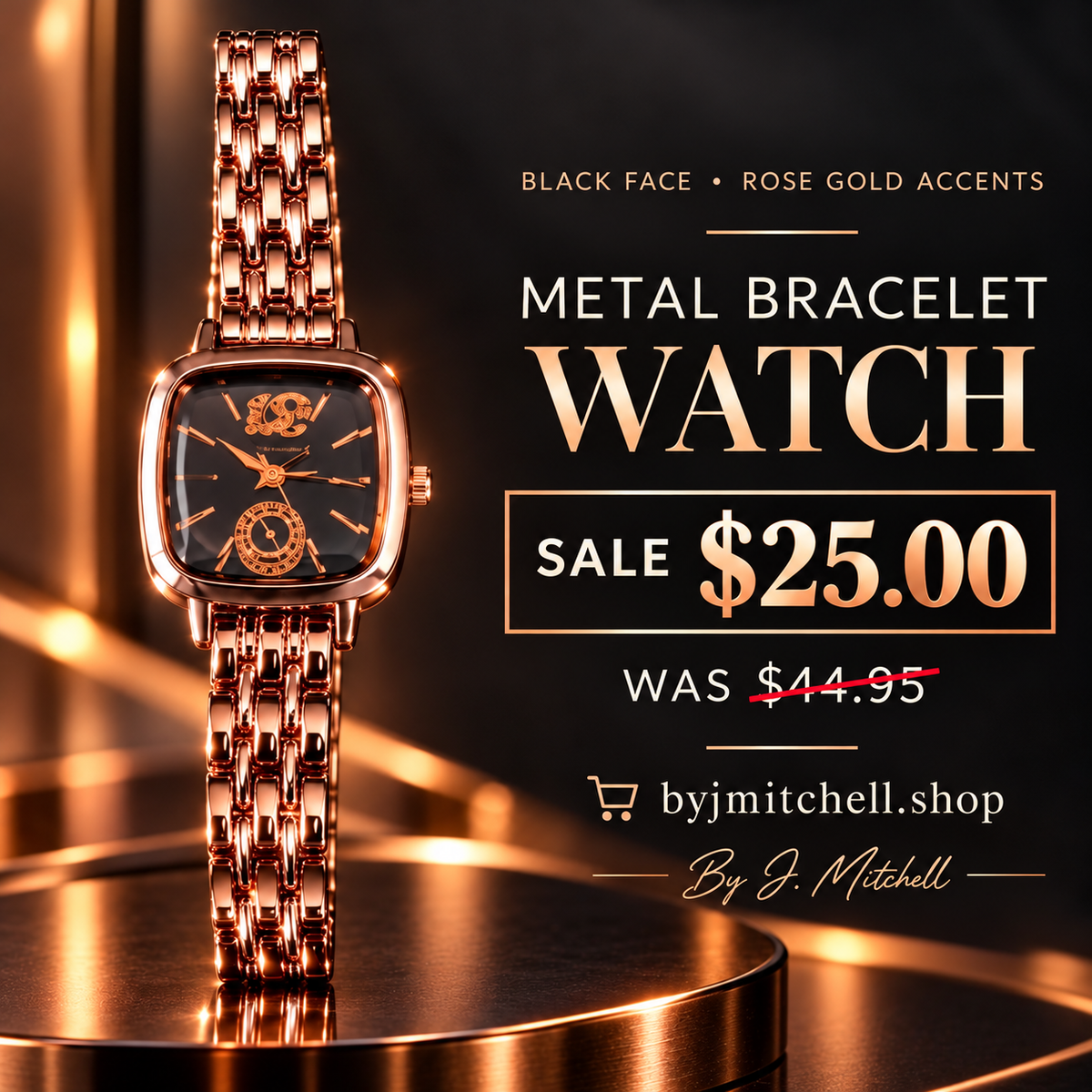 Black face rose gold accent metal bracelet watch by J. Mitchell