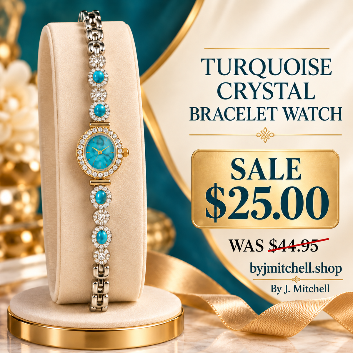 Turquoise crystal bracelet watch, $25 sale, was $44.95, byjmitchell.shop