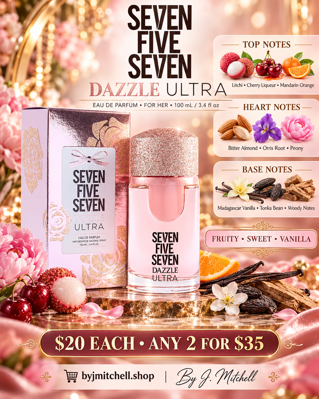 Seven Five Seven Dazzle Ultra perfume with notes, price and By J. Mitchell store branding