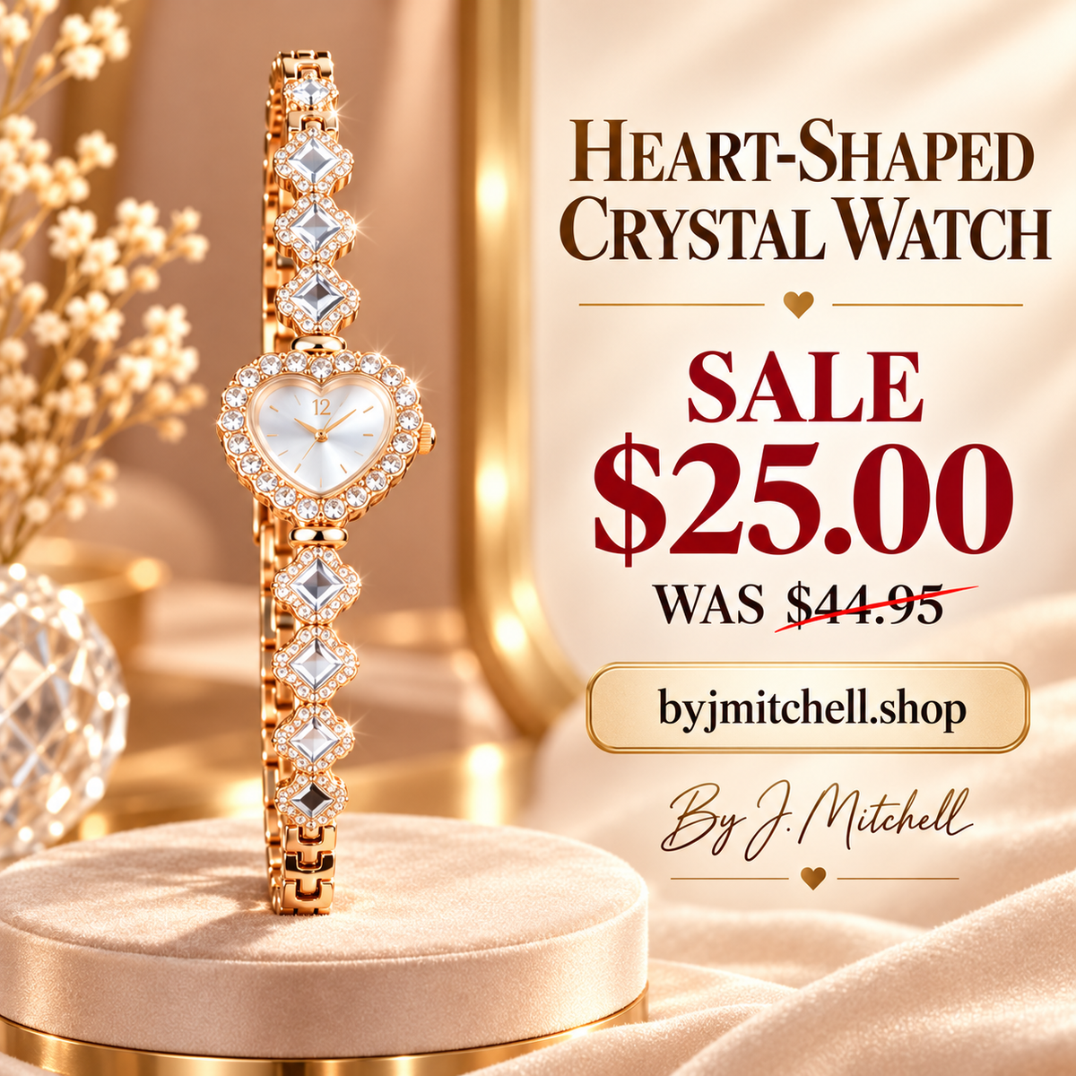 Heart-shaped crystal watch by J. Mitchell — $25 sale