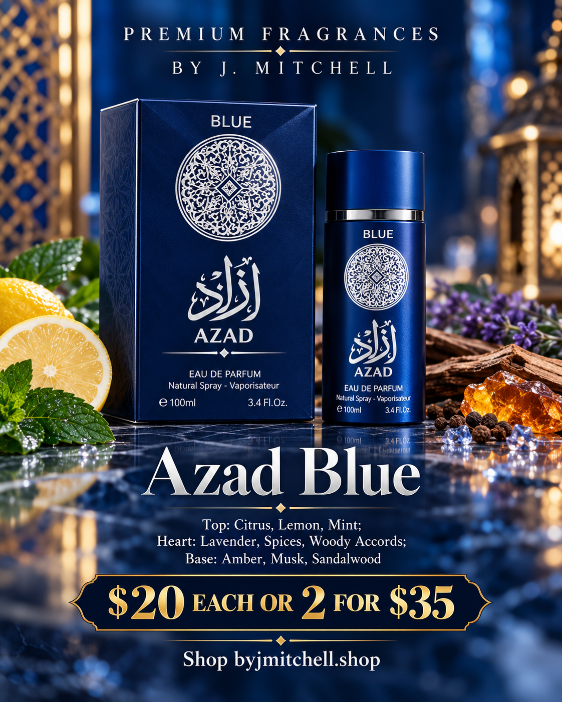 Azad Blue fragrance campaign image with scent profile and By J. Mitchell branding