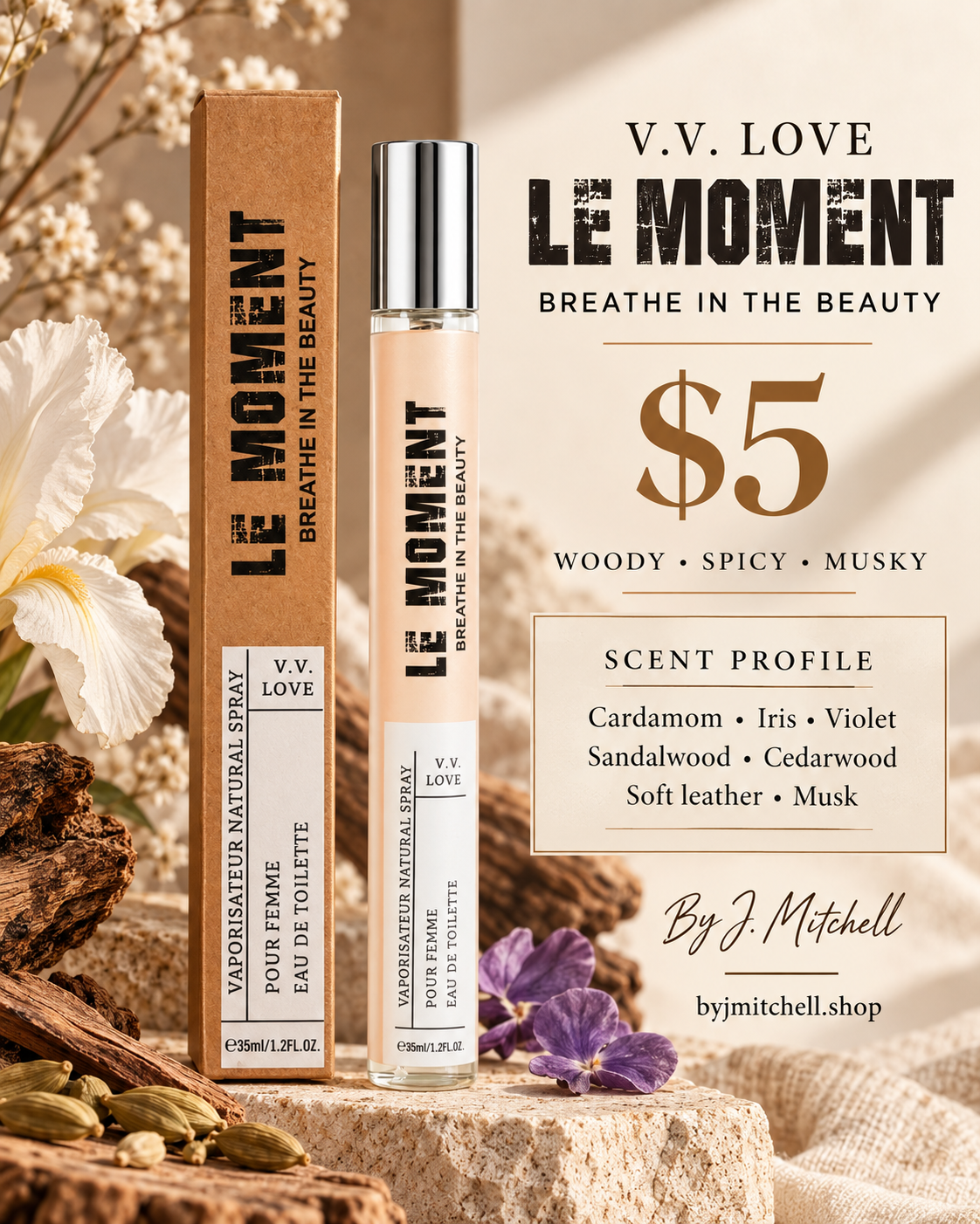 V.V. Love Le Moment perfume with $5 price and woody musky scent profile