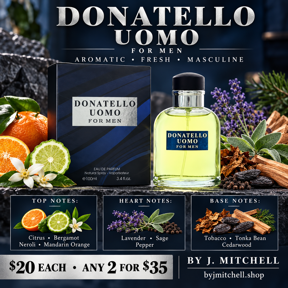 Donatello Uomo For Men EDP 100 mL with scent notes and By J. Mitchell offer