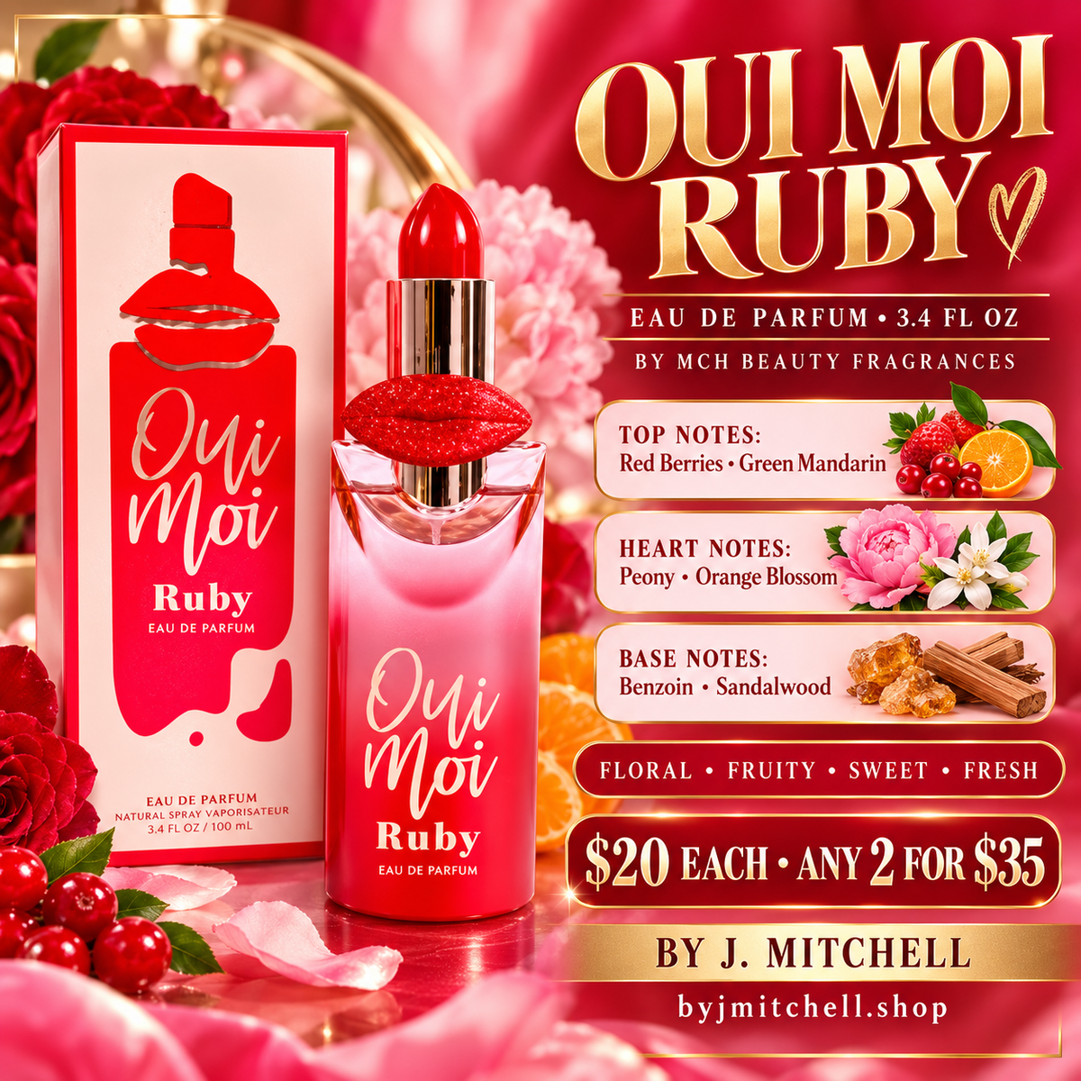 Oui Moi Ruby Eau de Parfum 3.4 fl oz fragrance notes and By J. Mitchell offer