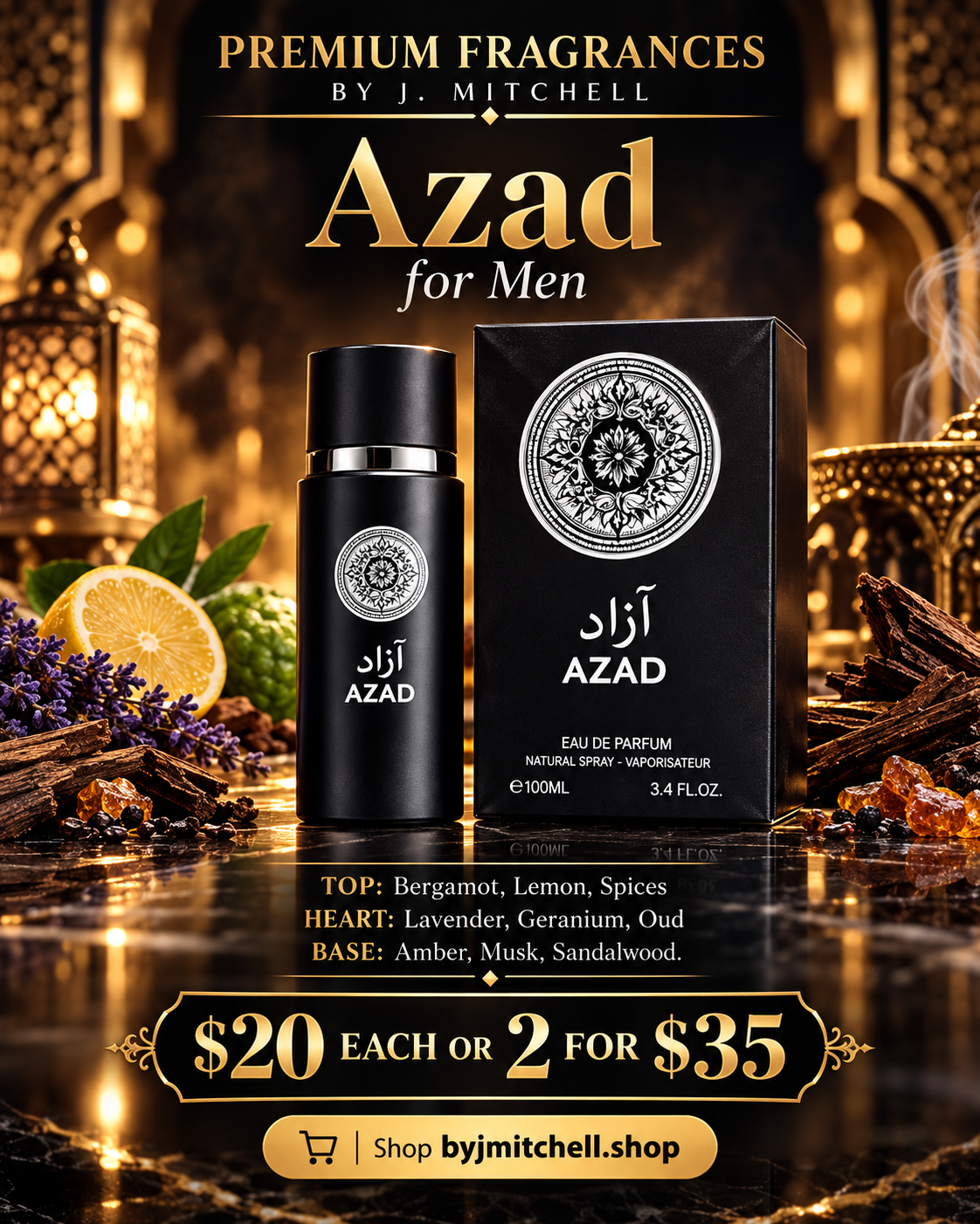 Azad for Men by By J. Mitchell — fragrance notes and $20 each or 2 for $35 offer