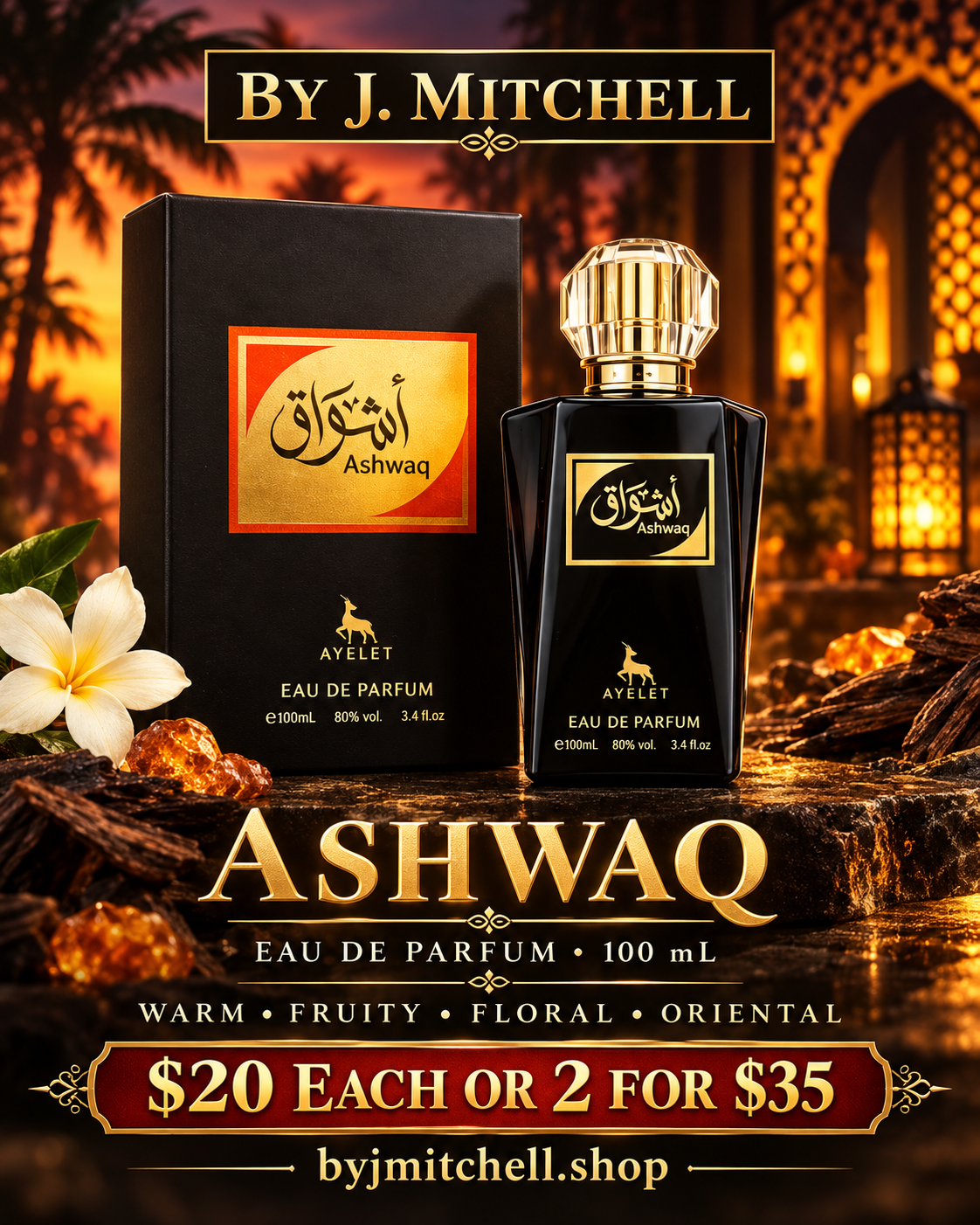 Ashwaq by J. Mitchell Eau de Parfum, warm fruity floral and oriental fragrance campaign