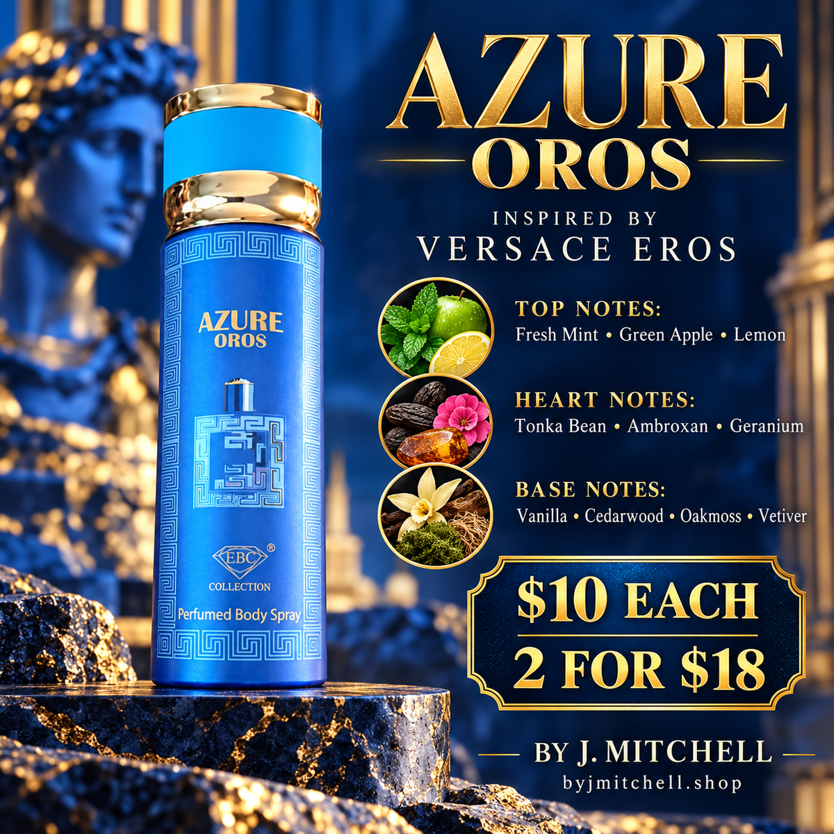 Azure Oros EBC Collection body spray with scent notes and $10 each or 2 for $18 offer