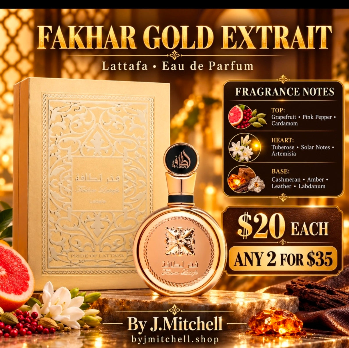 Lattafa Fakhar Gold Extrait with fragrance notes and By J.Mitchell pricing