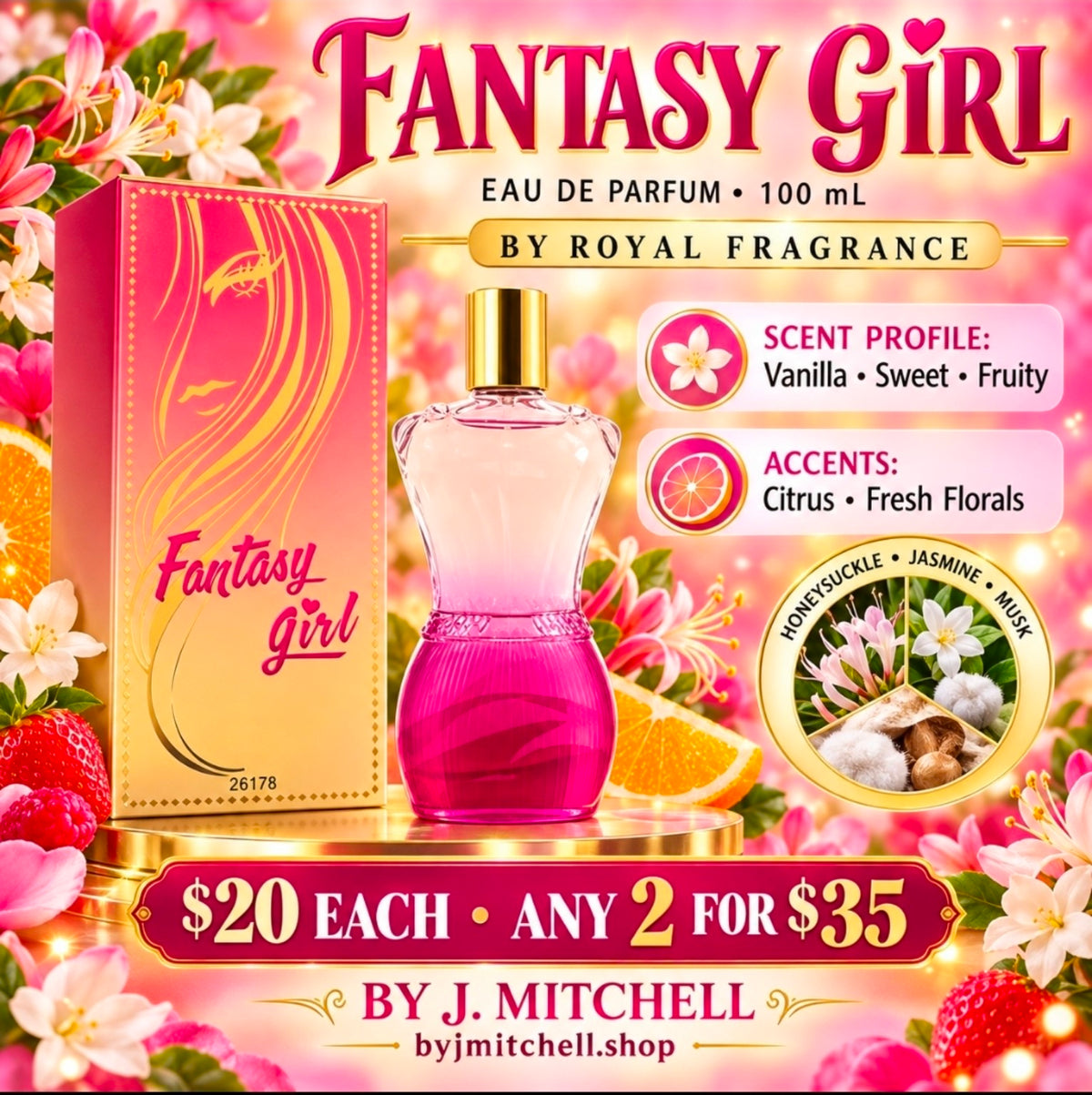 Fantasy Girl Eau de Parfum by Royal Fragrance, 100 mL, with sweet fruity vanilla and floral scent profile