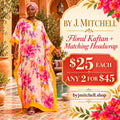 Floral cream kaftan with yellow trim and matching headwrap, $25 each or any two for $45