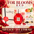 For Blooms RED Eau de Parfum with Peach and Vine top notes, Orchid and Jasmine heart notes, and Vanilla Bean base note