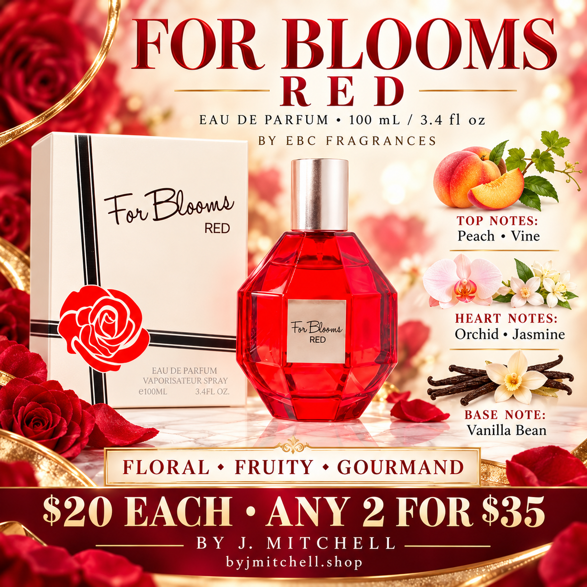 For Blooms RED Eau de Parfum with Peach and Vine top notes, Orchid and Jasmine heart notes, and Vanilla Bean base note