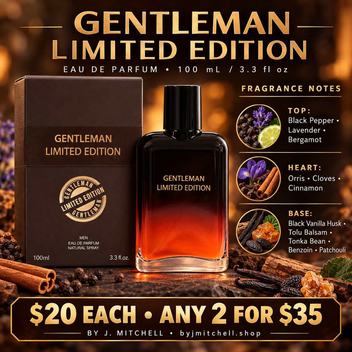 Gentleman Limited Edition EDP with fragrance notes and By J. Mitchell pricing