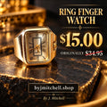 Gold rectangular ring finger watch sale graphic — $15, originally $34.95
