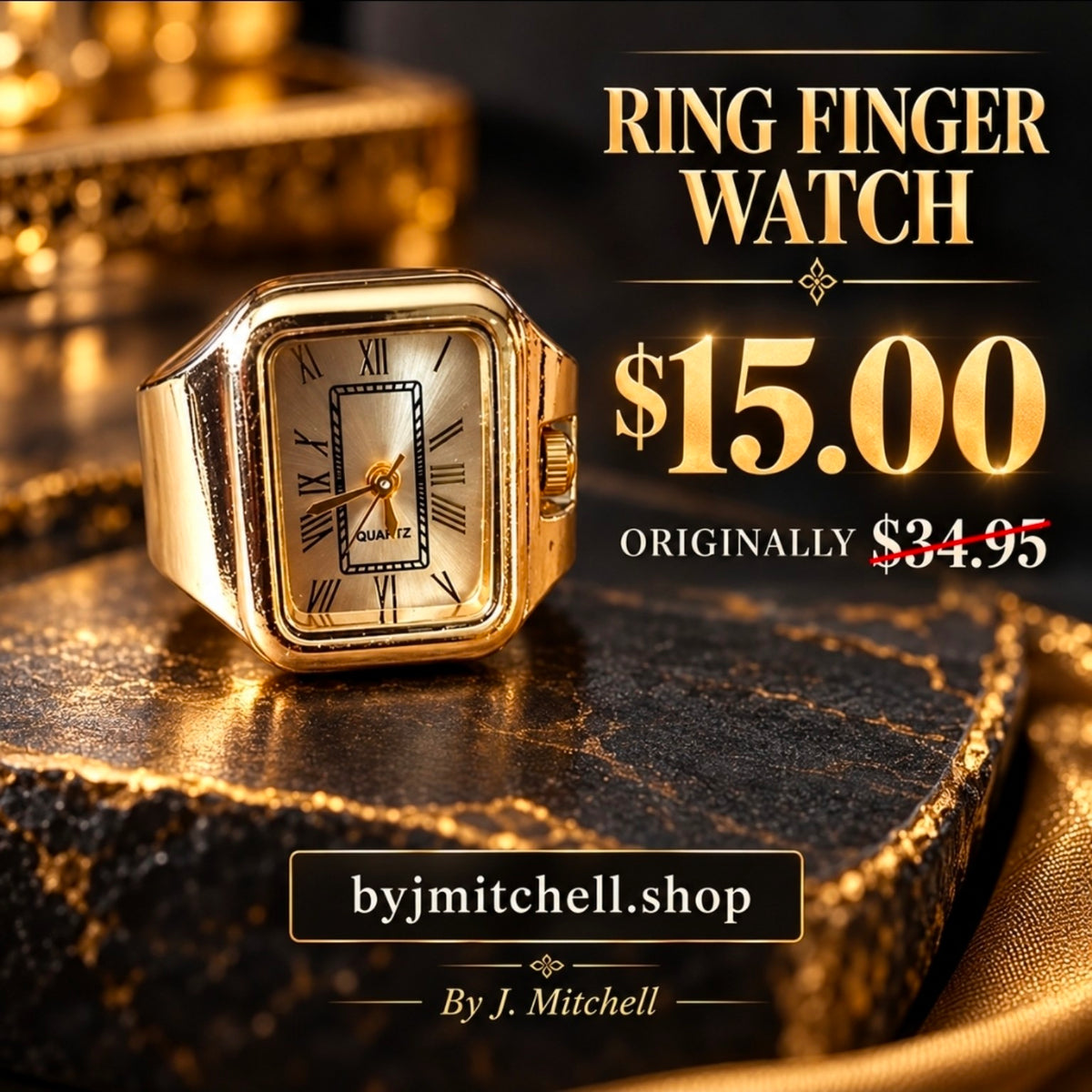 Gold rectangular ring finger watch sale graphic — $15, originally $34.95