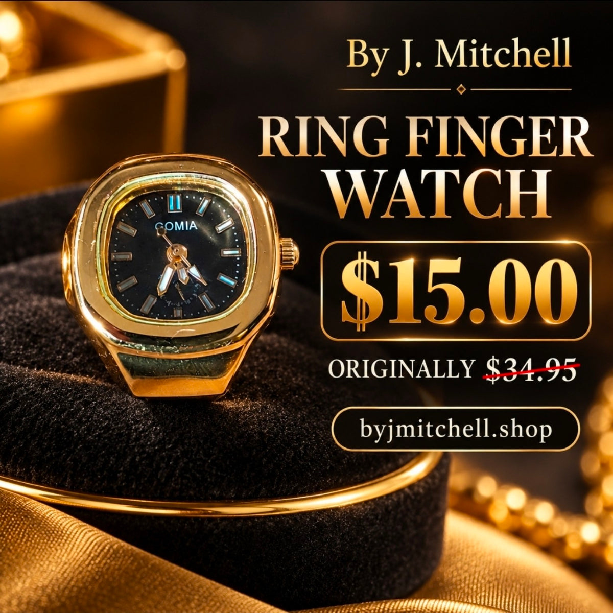 Gold-tone ring finger watch sale graphic — $15, originally $34.95