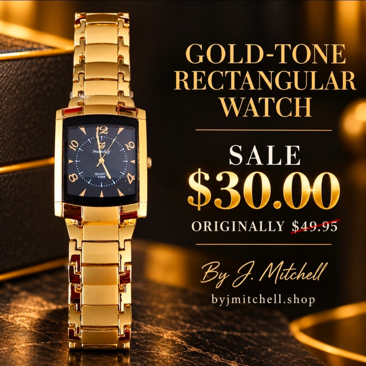Gold-tone rectangular bracelet watch with dark navy dial