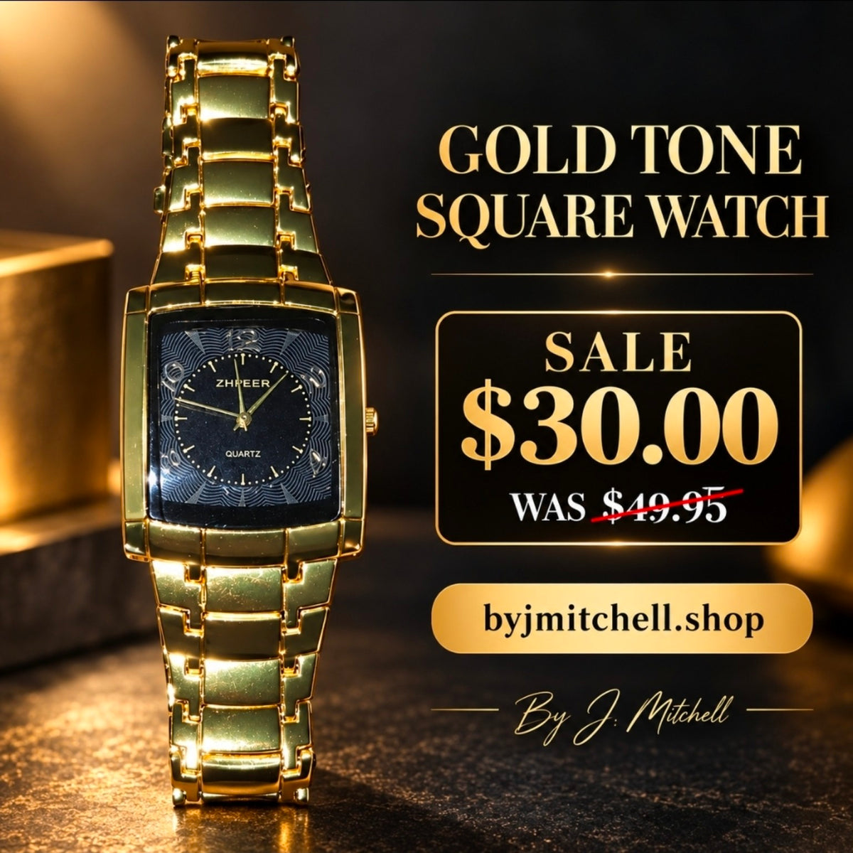 ZHPEER gold-tone square watch with dark patterned dial and gold link bracelet