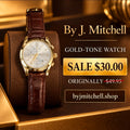 Gold-tone watch with white dial and brown leather strap — sale $30