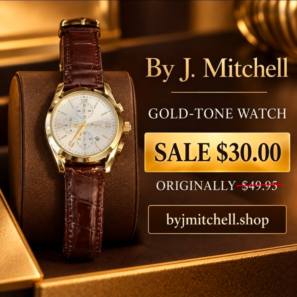 Gold-tone watch with white dial and brown leather strap — sale $30