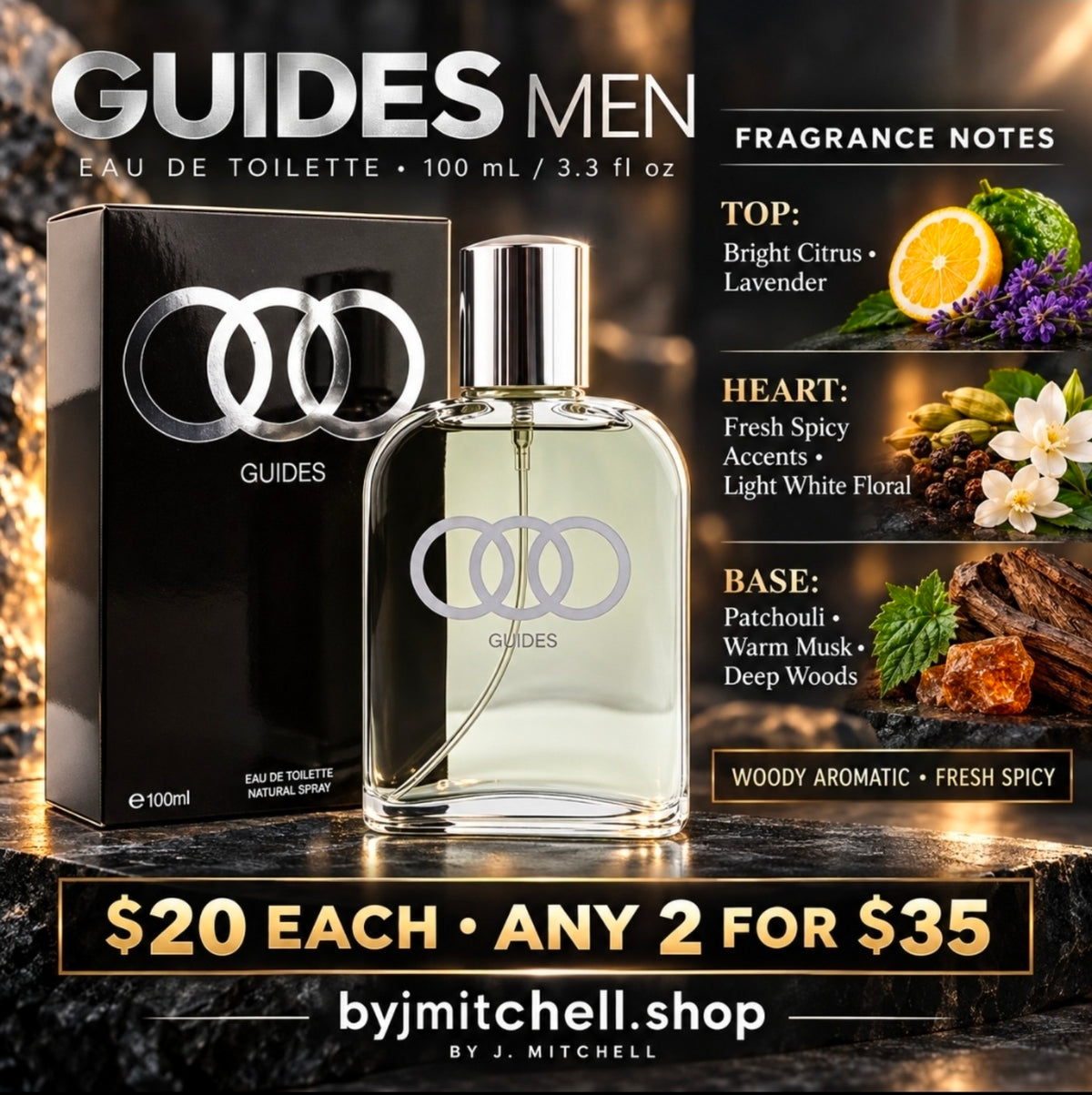 Guides Men Eau de Toilette fragrance notes with By J. Mitchell store offer